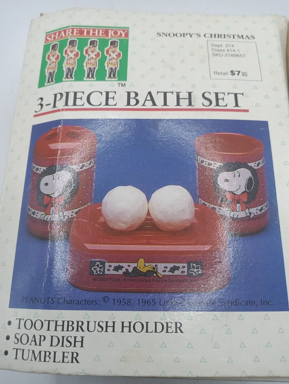 Vtg Peanut Snoopy Christmas 3 Piece Bath Set